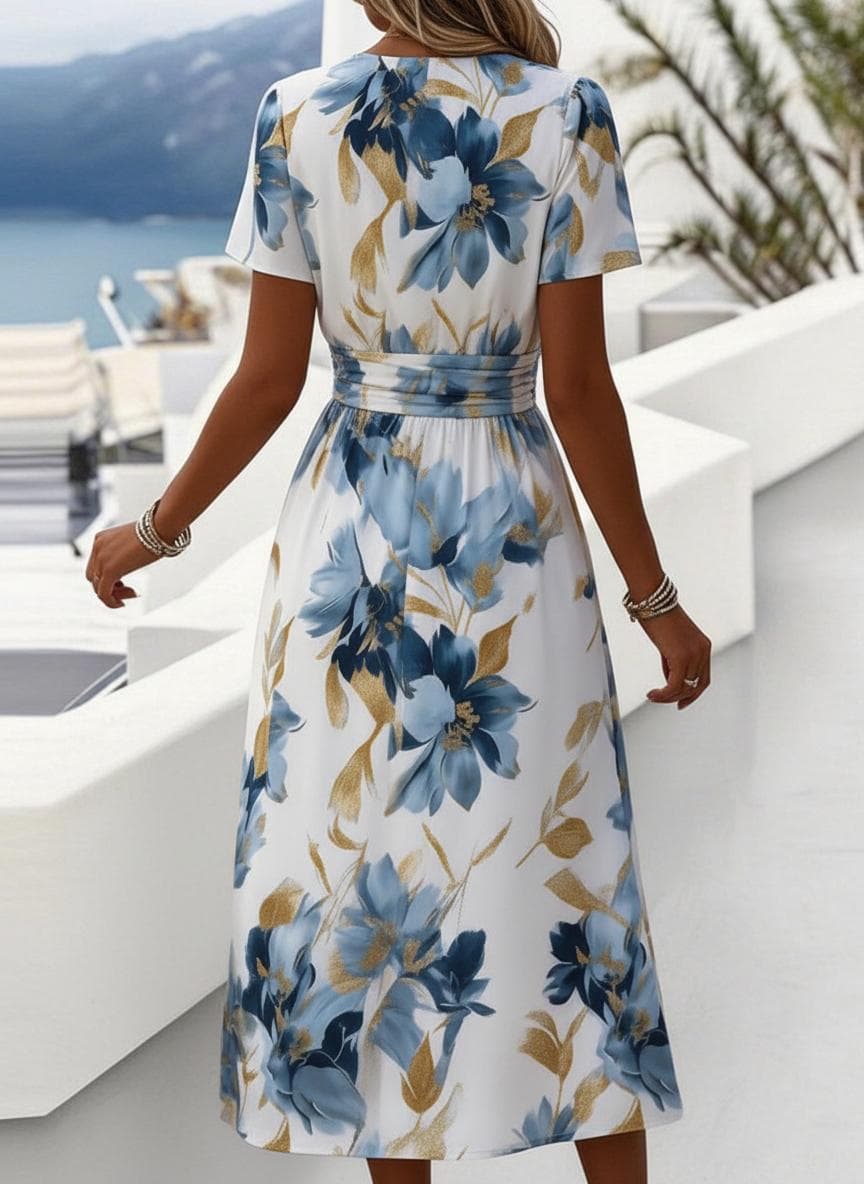 Blaugoldenes Blumendruck-Wickelkleid in Midilänge